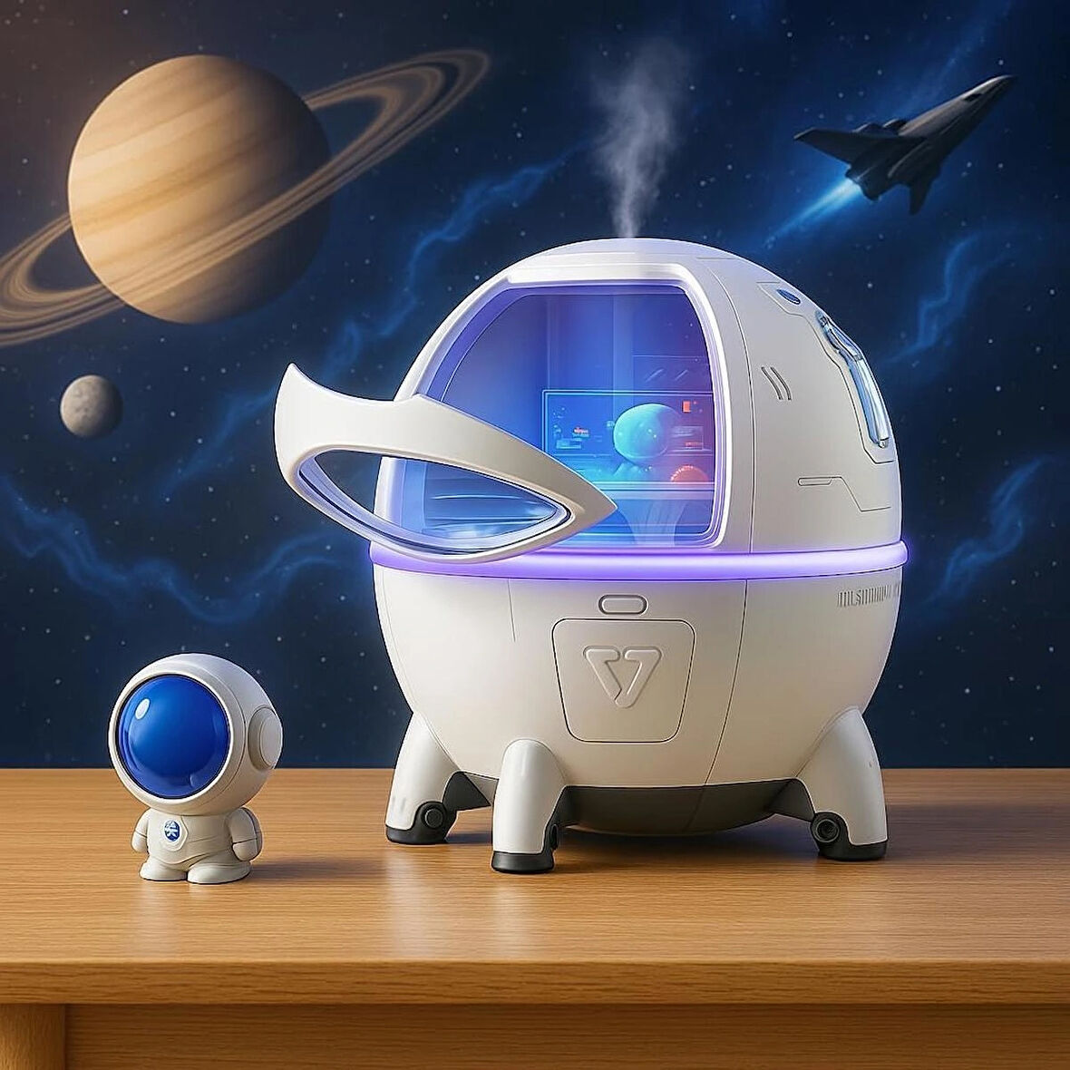 Coverzone Astronot ve Uzay Gemisi Temalı Humidifier Buhar Makinesi Nemlendirici Aroma Terapi Difüzörü 220 Ml Kapasiteli 11x11 cm Ev Ofis Spa Oda Nemlendirici Uyku Kalitesini Artırır (MJ046)