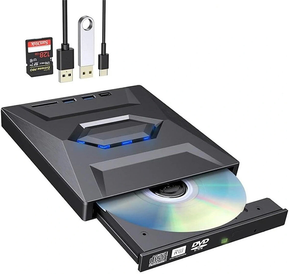 Coverzone 5in1 Harici Blu Ray USB 3.0 ve Type-C DVD-ROM DVD-RW Optik Sürücü, USB ve Type C Kablolu, PC, Tablet, DVD Player, Çizgili Metal Tasarım Ultra Slim CD ROM Okuyucu CV250