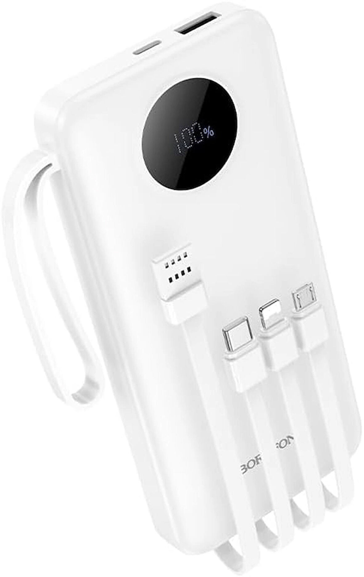 Coverzone Borofone 10000mAh, USB A USB C Micro USB ve Lighting Dahili Kablolu Güç Bankası Powerbank iPhone ile Uyumlu Şarj Seviyesi Led Göstergeli Kompakt ve Modern Tasarım BJ53