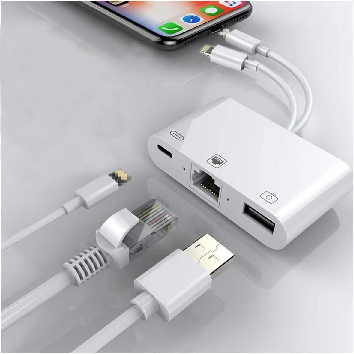 Coverzone 3 in1 şarj adaptörü Lightning Type-C Girişini Kamera Fotoğraf Makinesi Lan Ethernet Girişine Çevirici Dönüştürücü Tip-C RJ45 girişli İphone ile Uyumlu ZR814