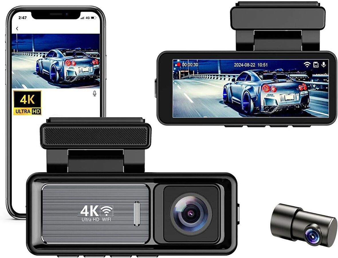 Coverzone MINI Çift Lensli WiFi GPS Dash Kamera - 4K Ön Kamera & 1080P Arka Kamera, Gece Görüşü, Park Modu, Geniş Açılı Lens, Döngüsel Kayıt, 128GB SD Kart Desteği (Dahil değildir) M6