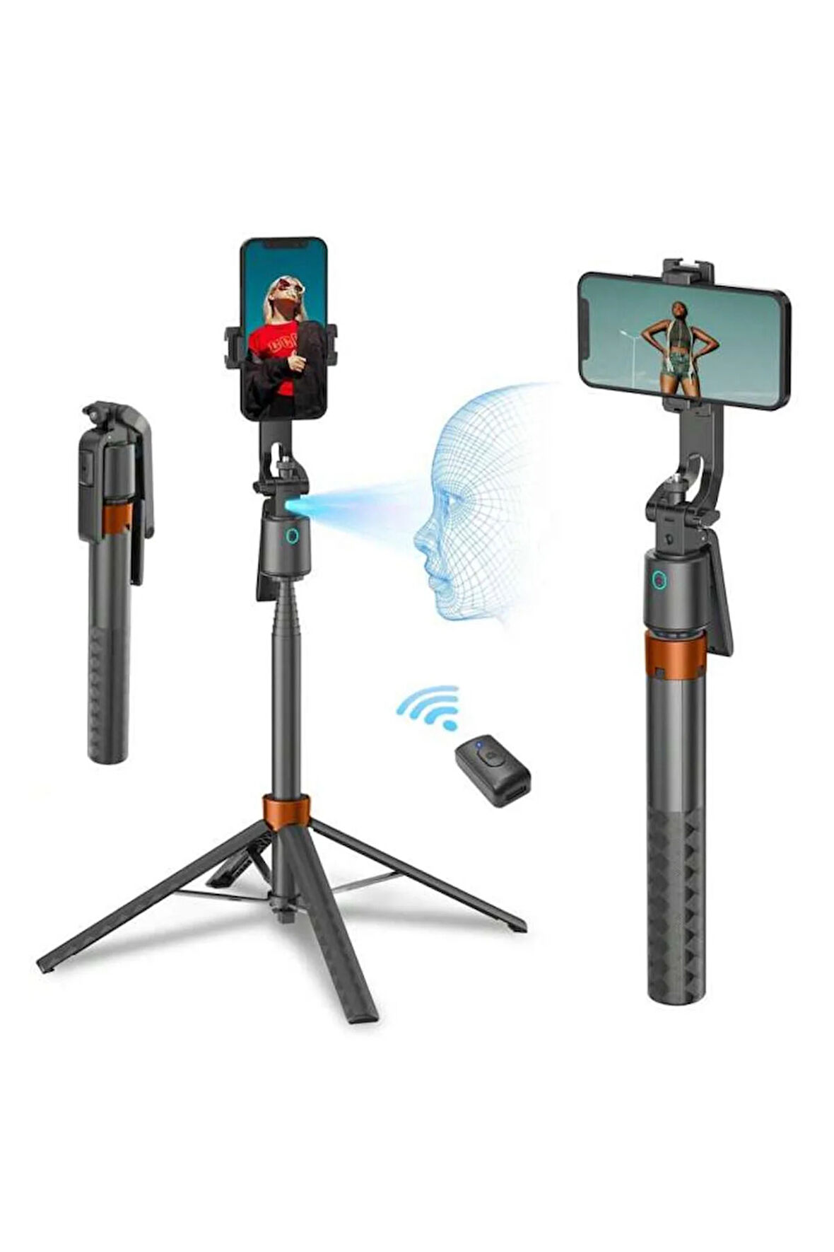 Akıllı Selfie Stick - Yapay Zeka Yüz Takipli, 360° Çekim, Kumandalı, Tripodlu, iOS Uyumlu Y12