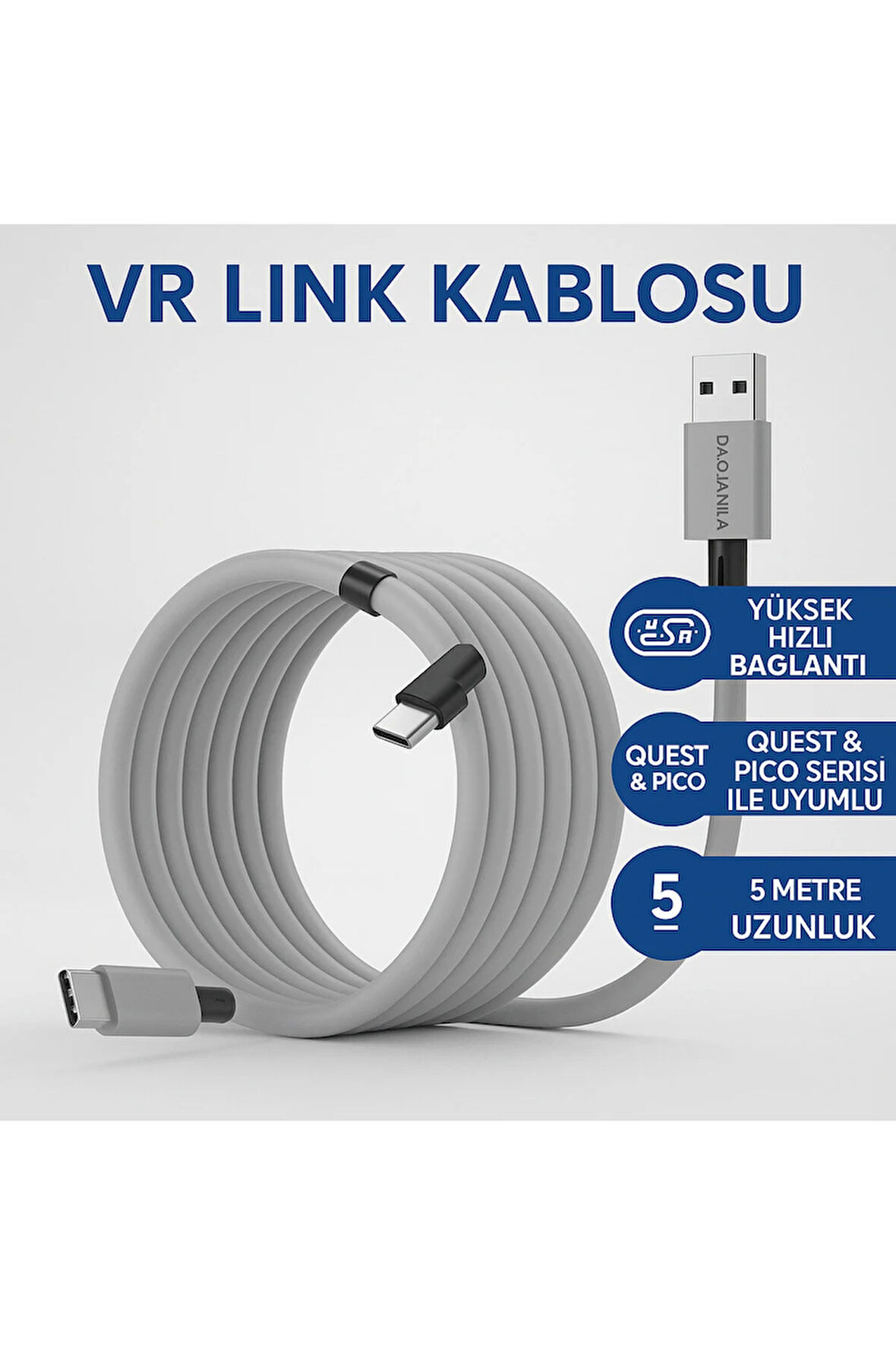 VR Link Kablosu EX-1 - Oculus Quest Uyumlu, 5m, USB-C, Yüksek Hızlı, PC Bağlantı, VR Oyun İçin