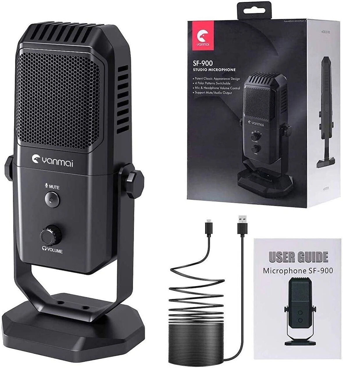 Coverzone USB Mikrofon Kondansatör, 4 Yönlü, 20Hz-20KHz, Sessize Alma Tuşlu, Ses Ayarlı, 15mm Stand - SF-900