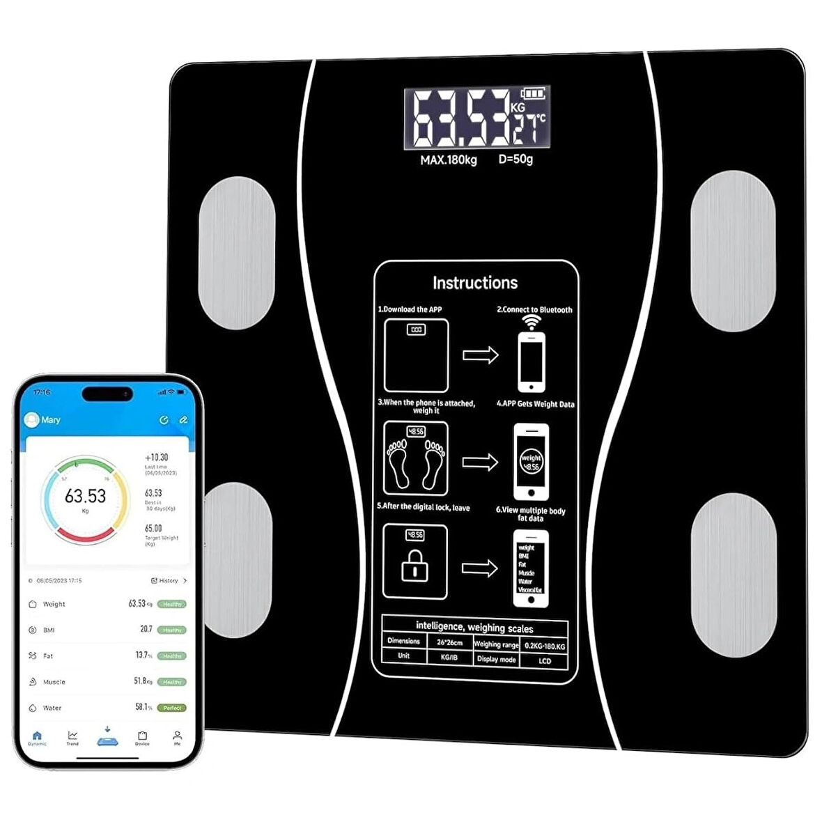 Coverzone Akıllı Vücut Analiz Tartısı - 180Kg, Mobil Uygulama Senkronize, Yağ Kas Su Ölçümü | SQ-YWBD01
