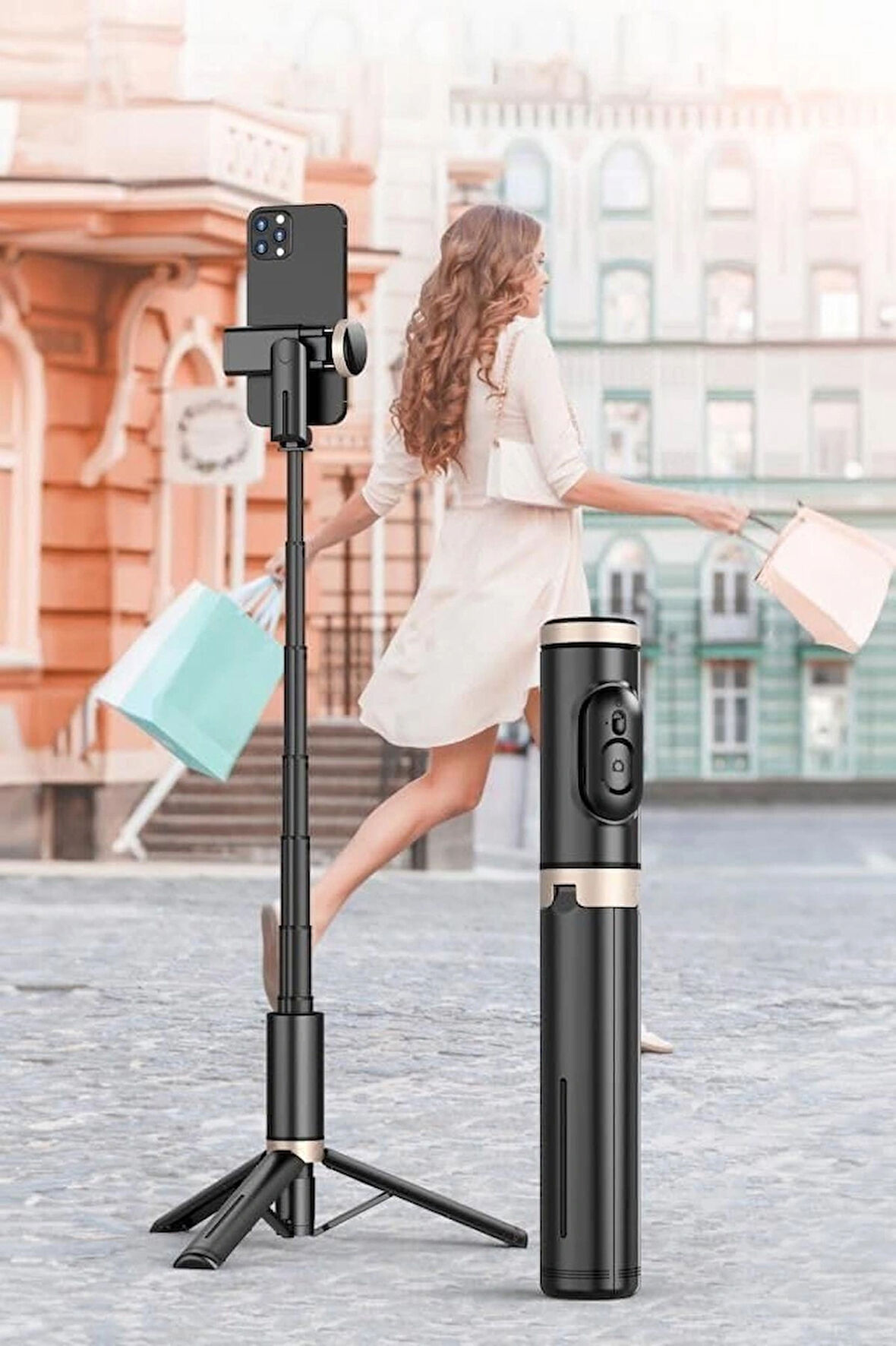 Coverzone Bluetooth Selfie Stick Tripod - 360° Döner, 215-730mm Ayarlı, Alüminyum Alaşım, Katlanabilir | Q12