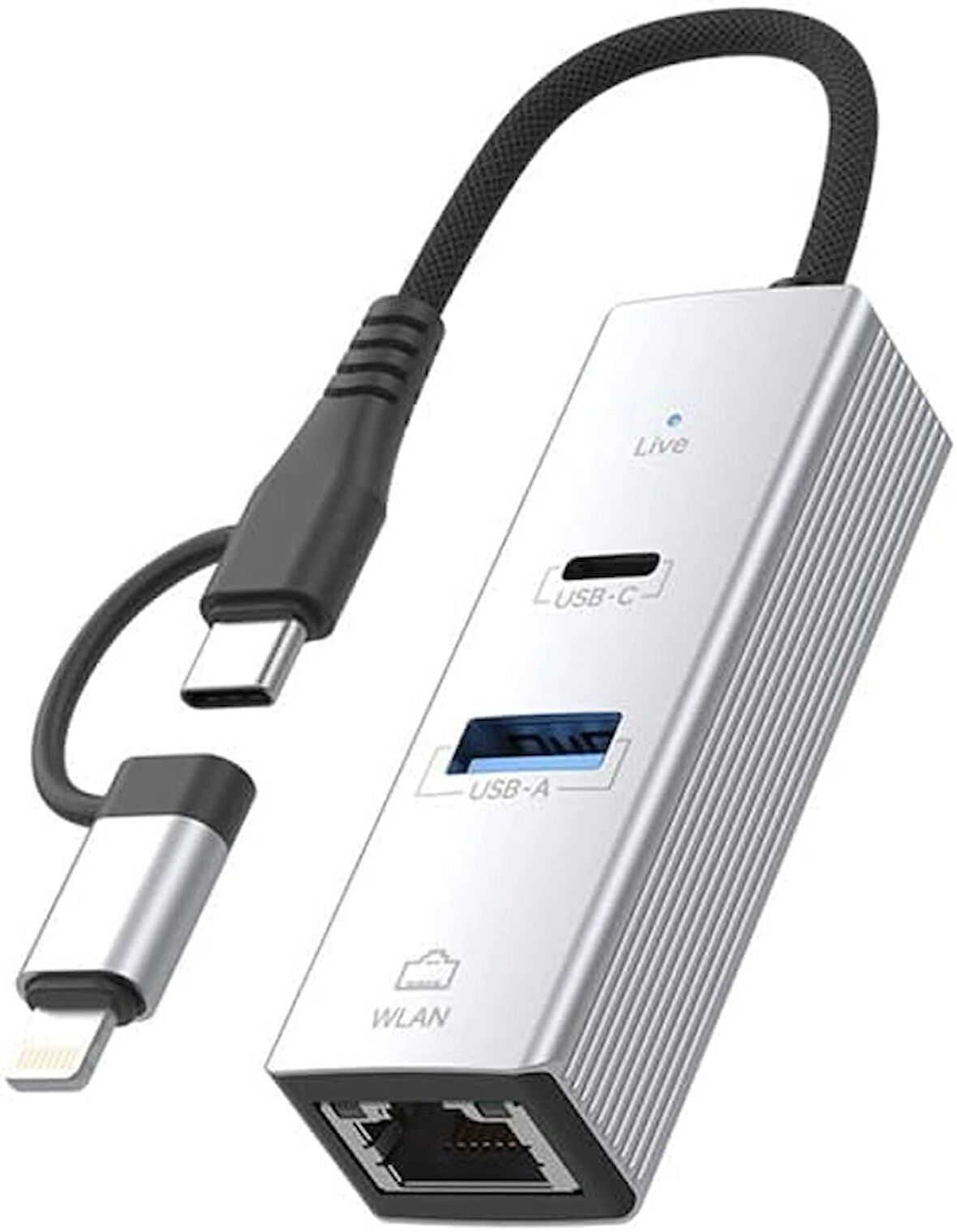 Coverzone Alüminyum 3in1 Ethernet Adaptör 100Mbps, USB-C & USB-A, WLAN, Klavye & Kulaklık Desteği | LC-31L