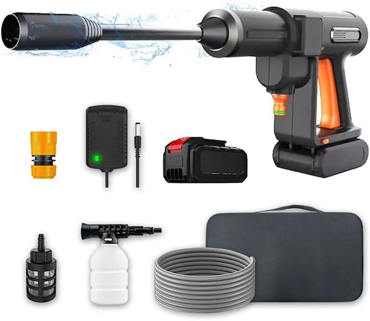 Coverzone Şarjlı Basınçlı Yıkama Tabancası - Köpük Fonksiyonlu, 3 Kademe Basınç, 5m Hortum, Portatif