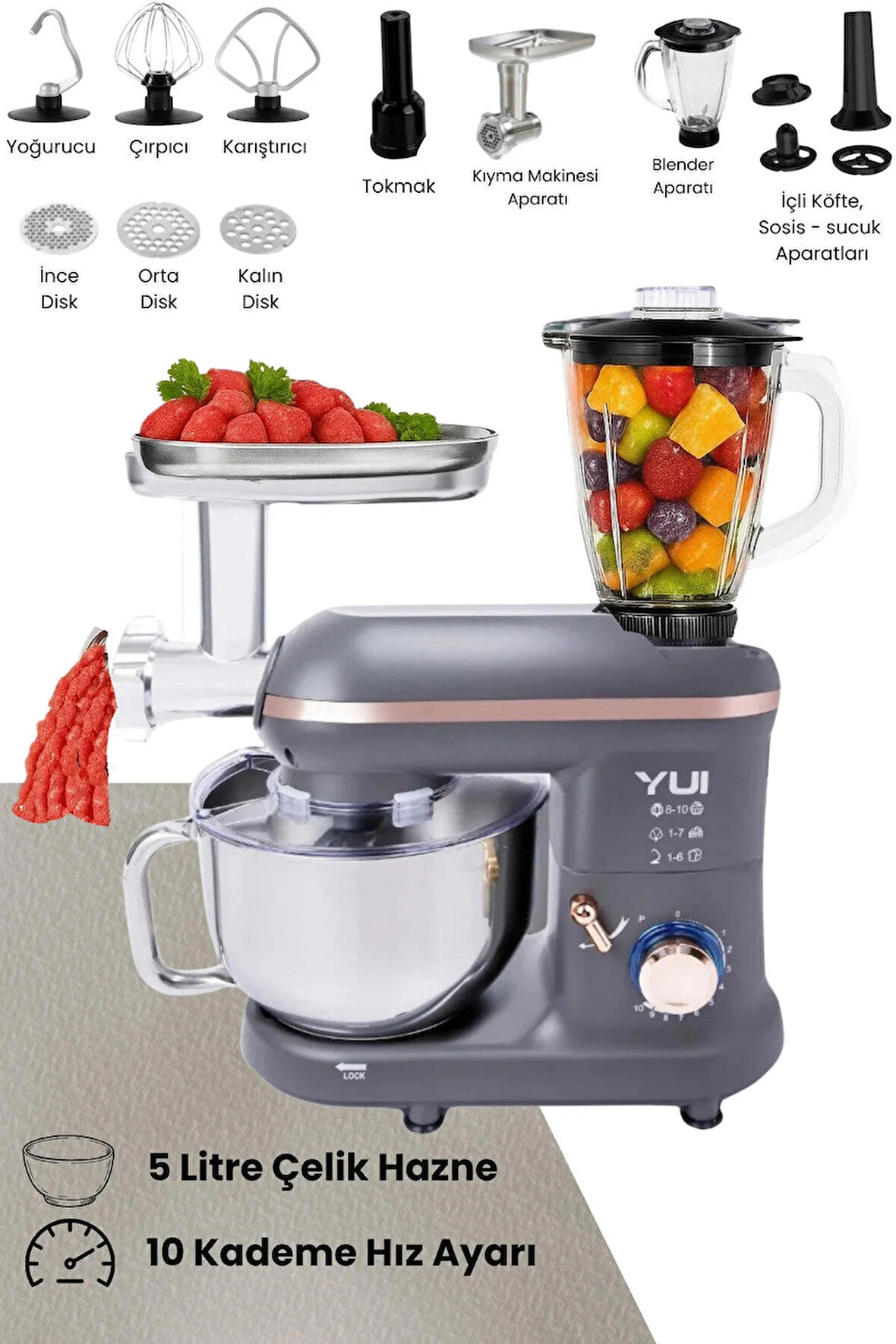 M120 Multi-fonksiyonel 3'ü Bir Arada Stand Mikser Kıyma Setli Ve Blender Özellikli Gri/Rose Gold