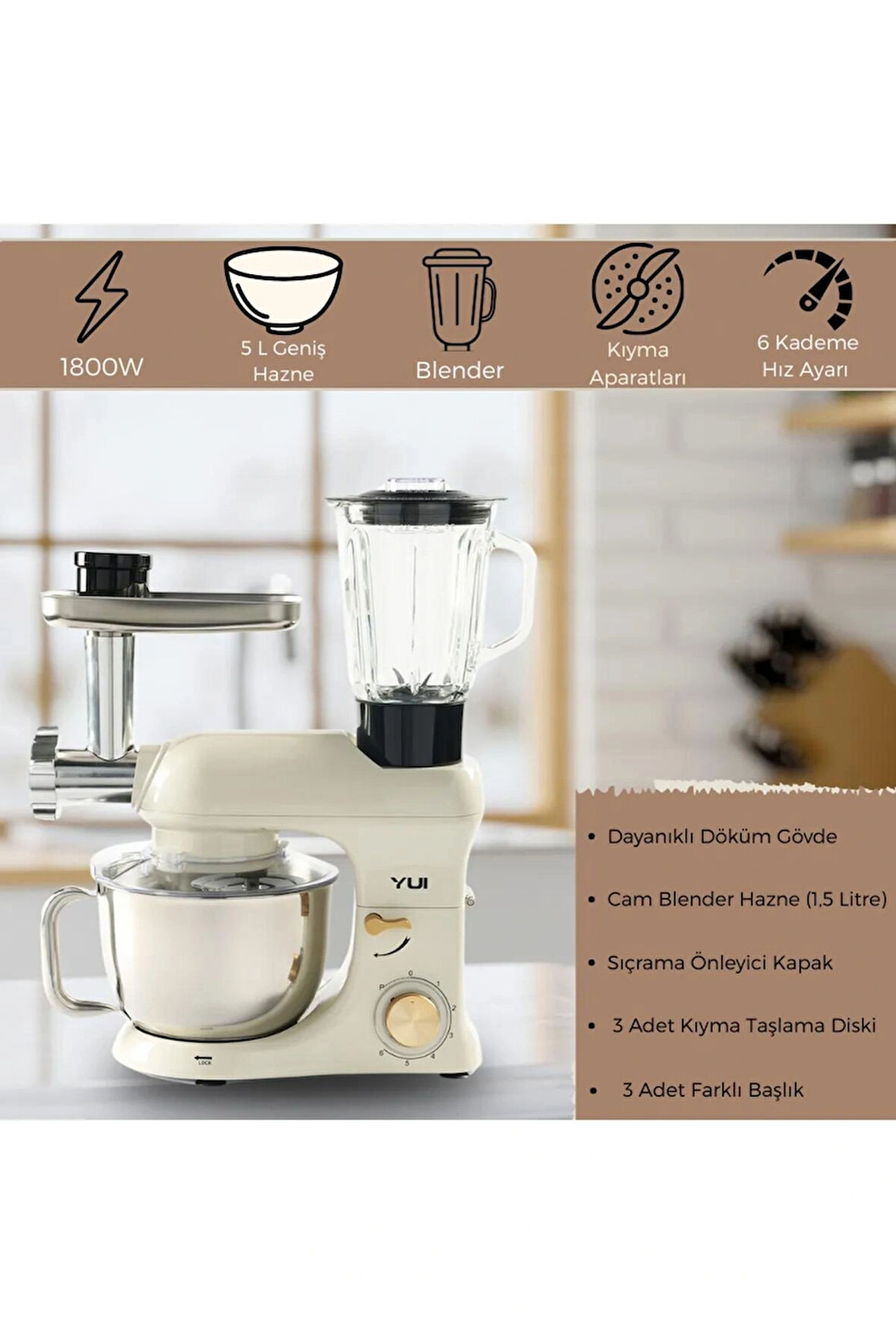 M200 Multi-fonksiyonel 3'ü Bir Arada Döküm Gövde Stand Mikser Kıyma Setli Ve Blender Özellikli 1800w Krem