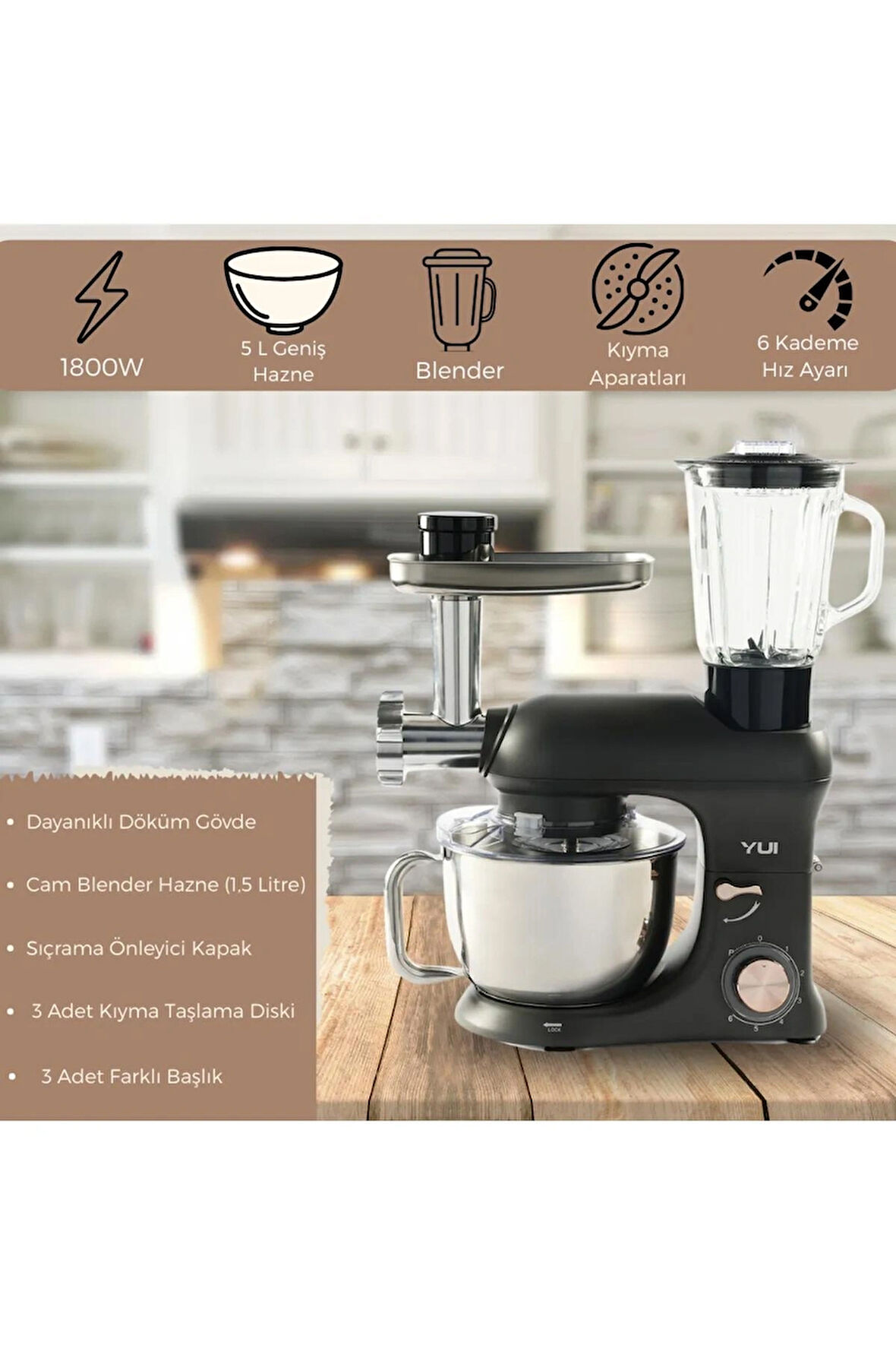 M200 Multi-fonksiyonel 3'ü Bir Arada Döküm Gövde Stand Mikser Kıyma Setli Ve Blender Özellikli 1800w Gri Rose