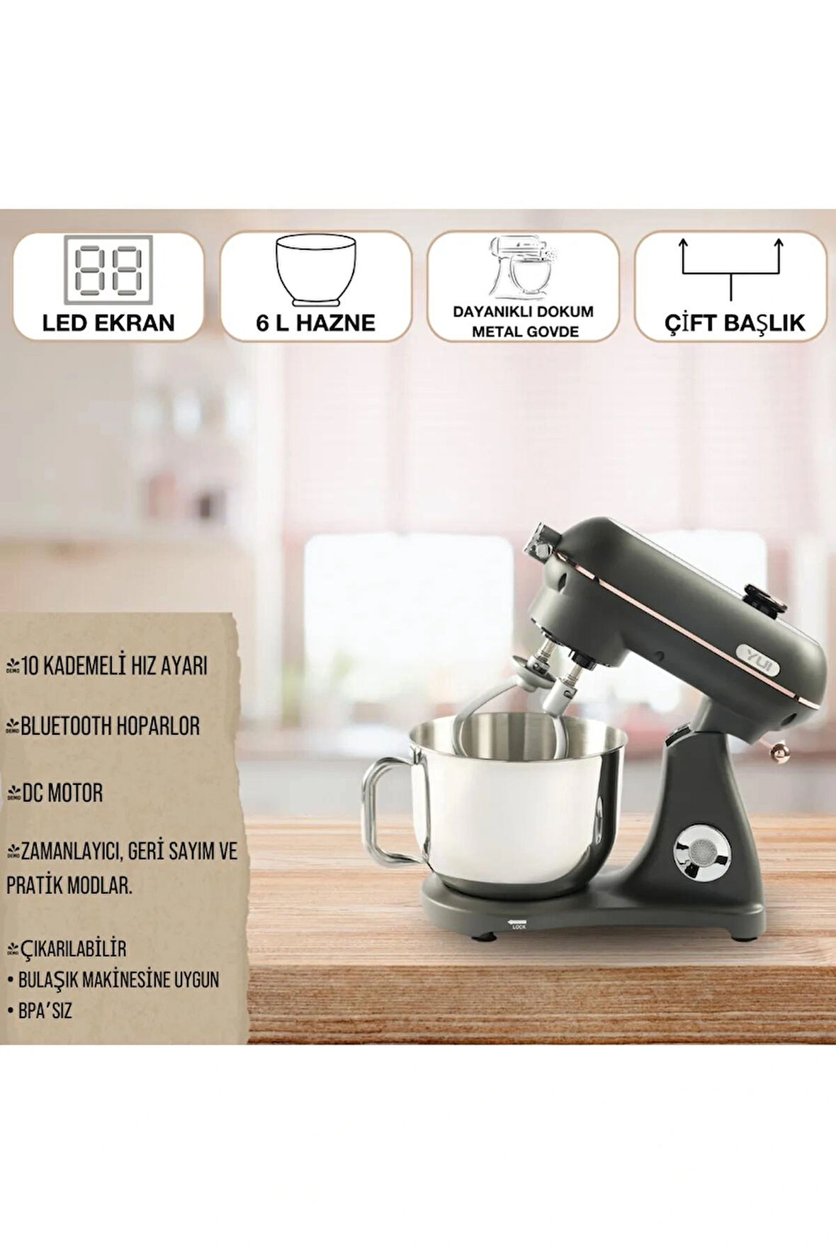 Easy Chef M122 Plus DC Motor Stand Mikser Çift Başlıklı Mat Gri Gold