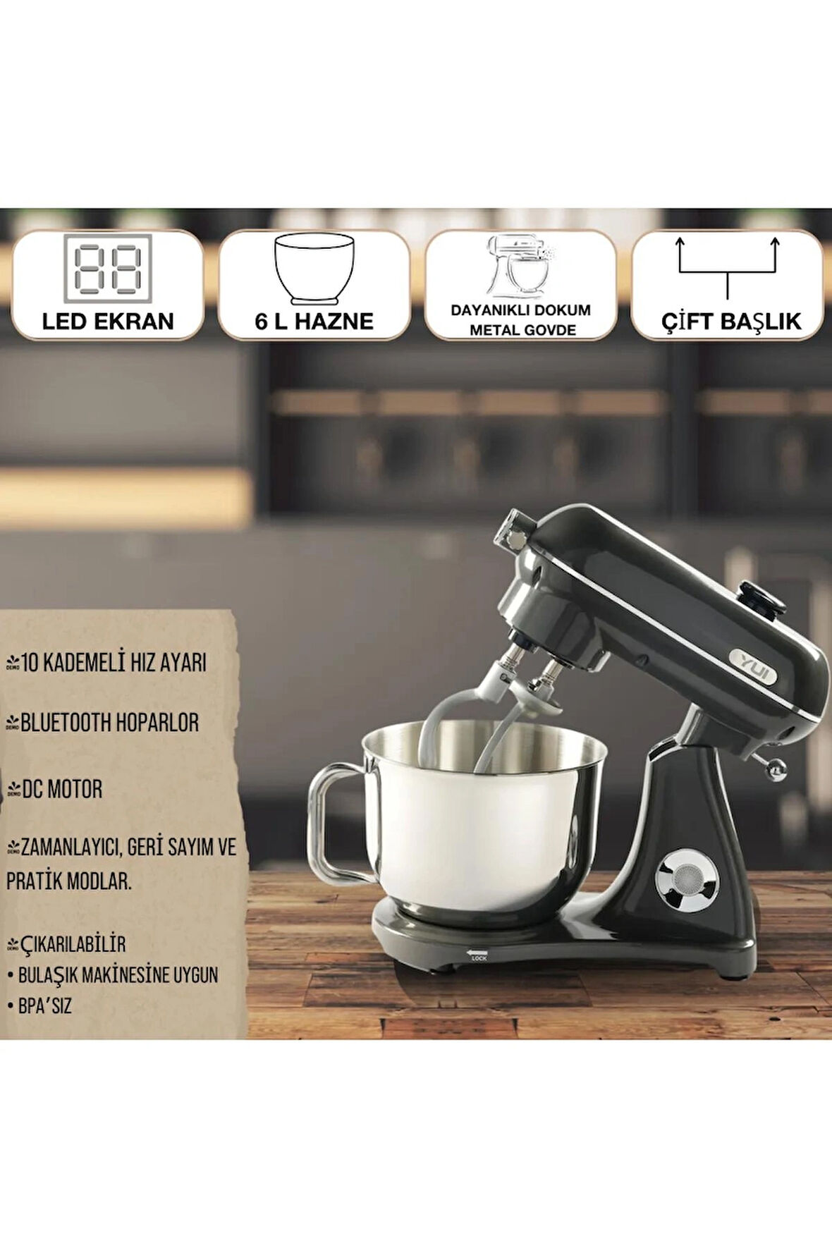 Easy Chef M122 Plus DC Motor Stand Mikser Çift Başlıklı Parlak Koyu Gri