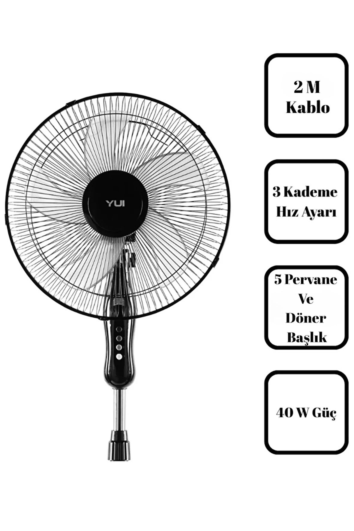F29 40W 3 Kademe 5 Pervane Döner Başlıklı Vantilatör - Siyah
