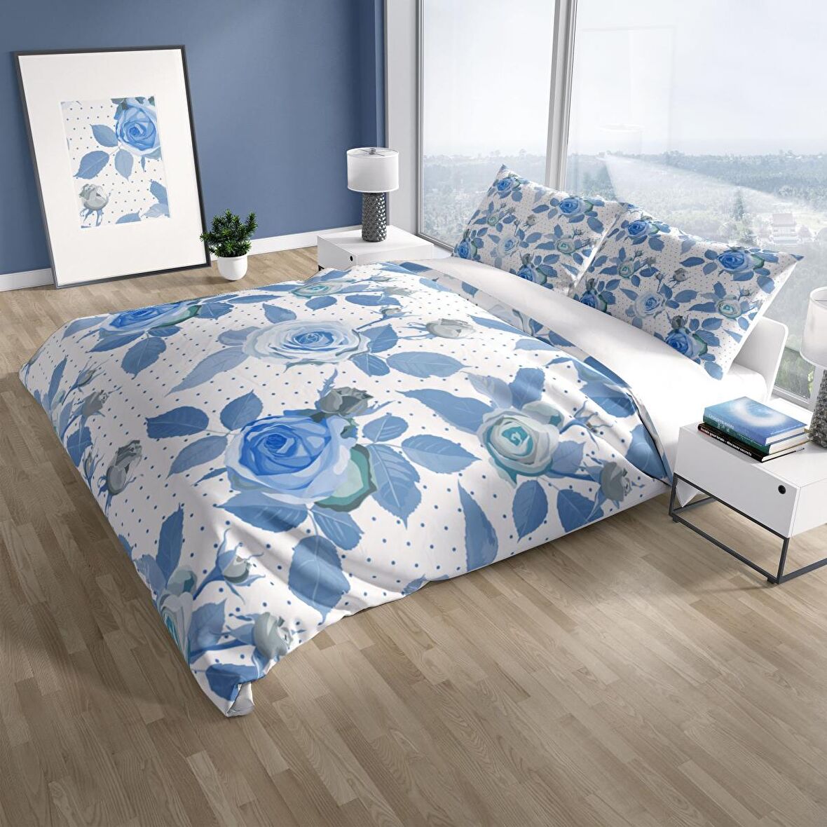 Cattleya Bluerose 3D Temalı Pamuk Saten Çift Kişilik Nevresim Takımı