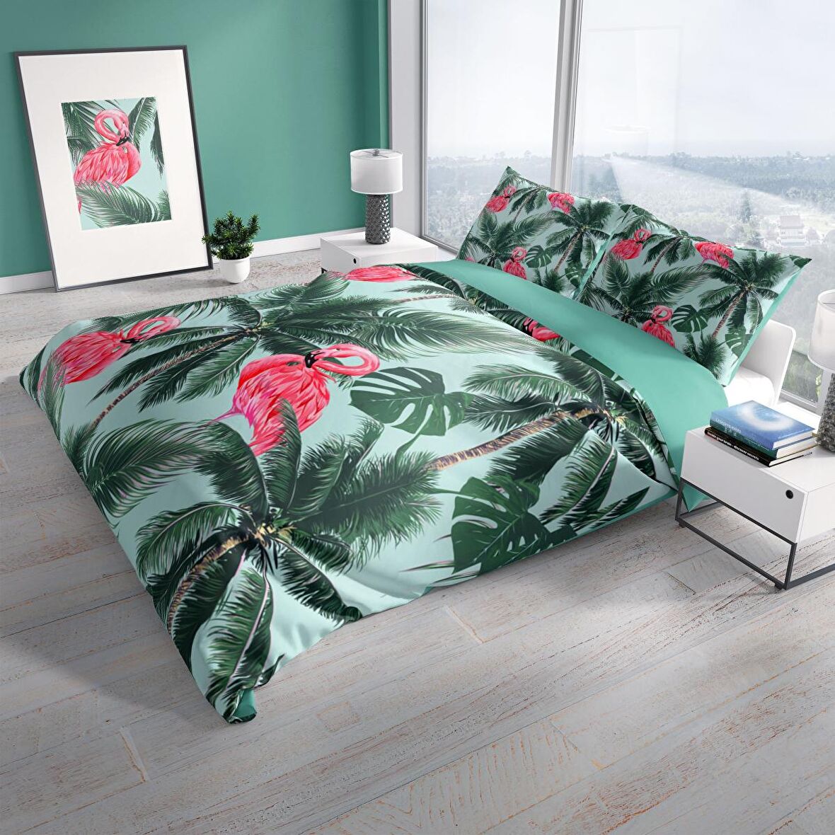 Cattleya Flamingo II 3D Temalı Pamuk Saten Çift Kişilik Nevresim Takımı