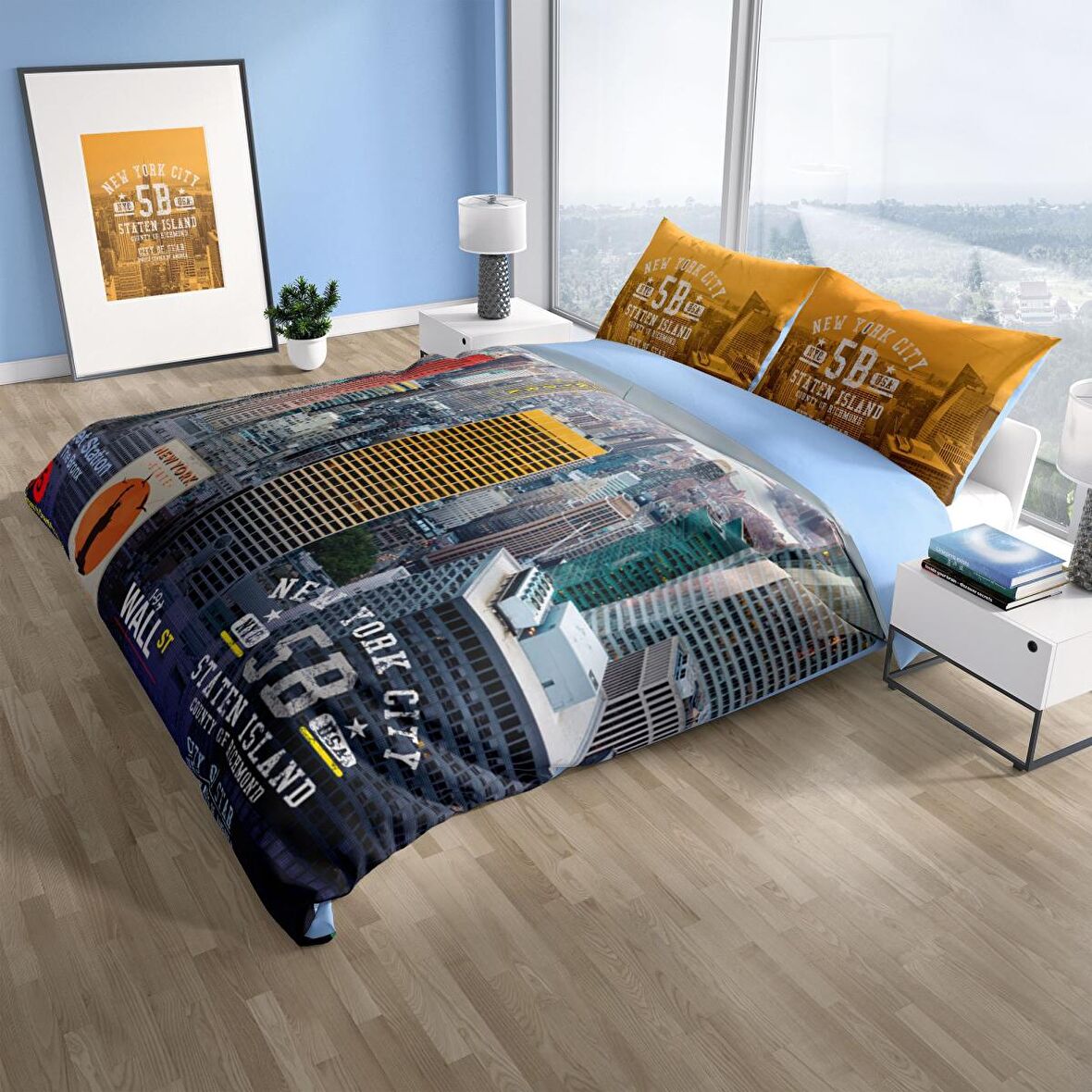 Cattleya New York 3D Temalı Pamuk Saten Çift Kişilik Nevresim Takımı