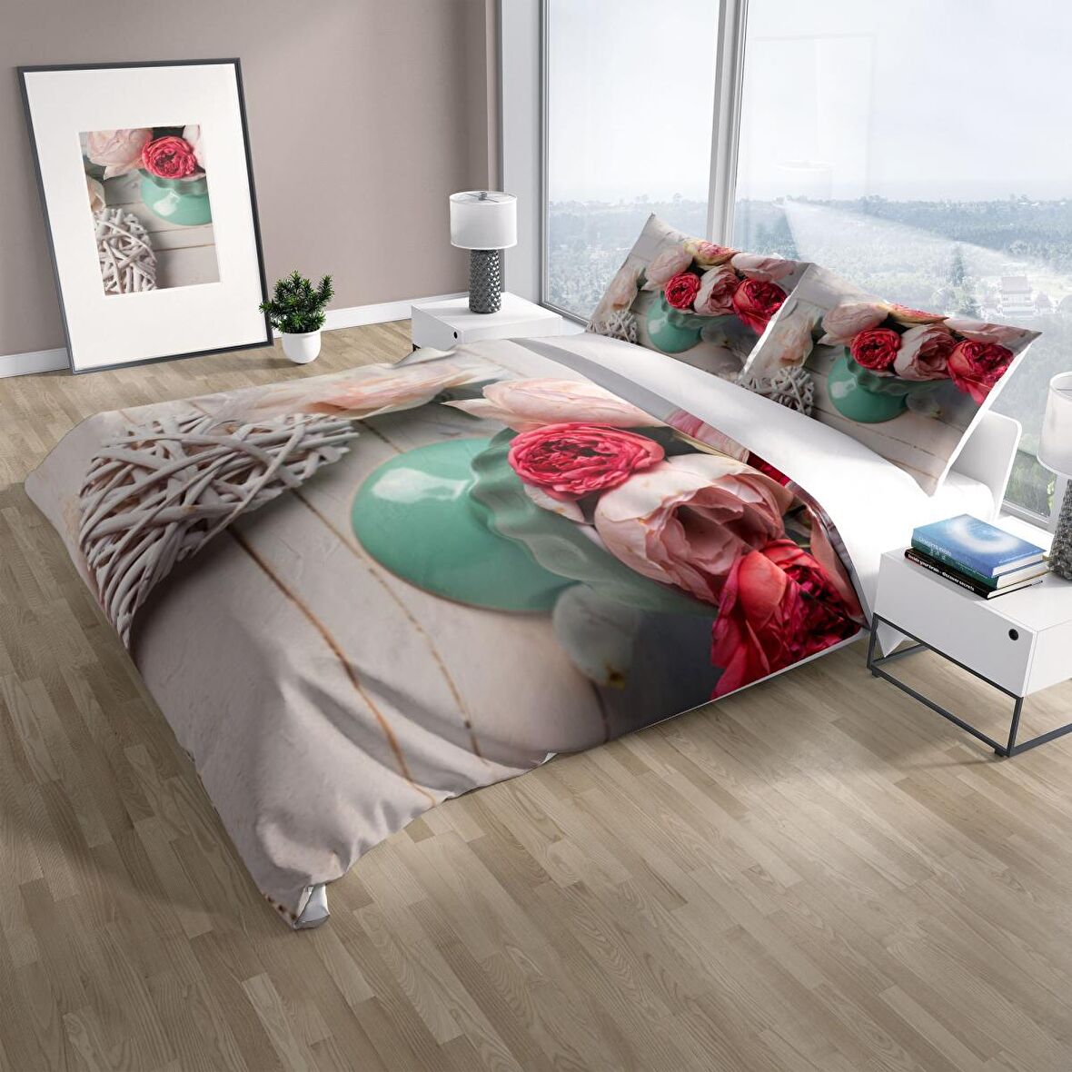 Cattleya Rose Love 3D Temalı Pamuk Saten Çift Kişilik Nevresim Takımı