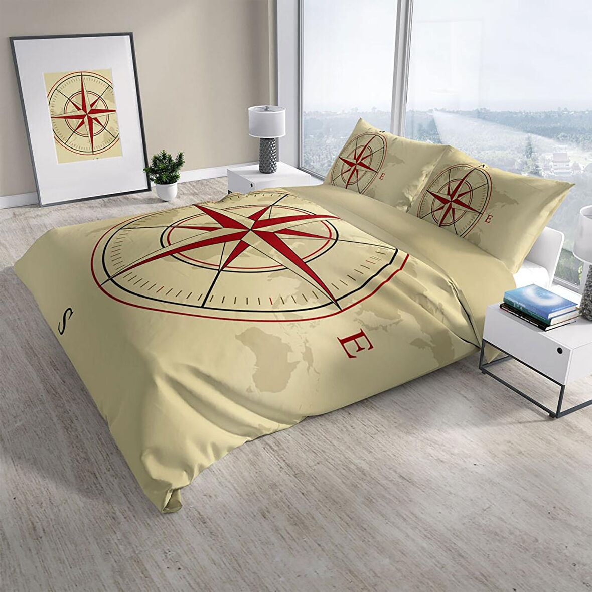 Cattleya Compass 3D Temalı Pamuk Saten Çift Kişilik Nevresim Takımı