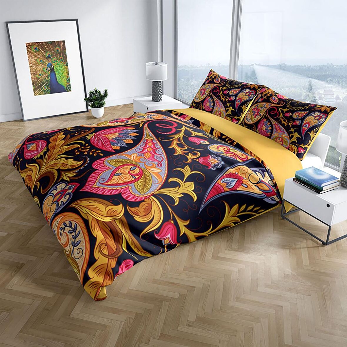 Cattleya Indian 3D Temalı Pamuk Saten Çift Kişilik Nevresim Takımı