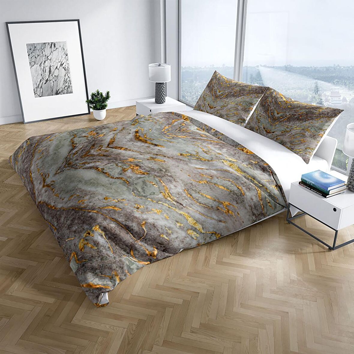 Cattleya Marble 3D Temalı Pamuk Saten Çift Kişilik Nevresim Takımı