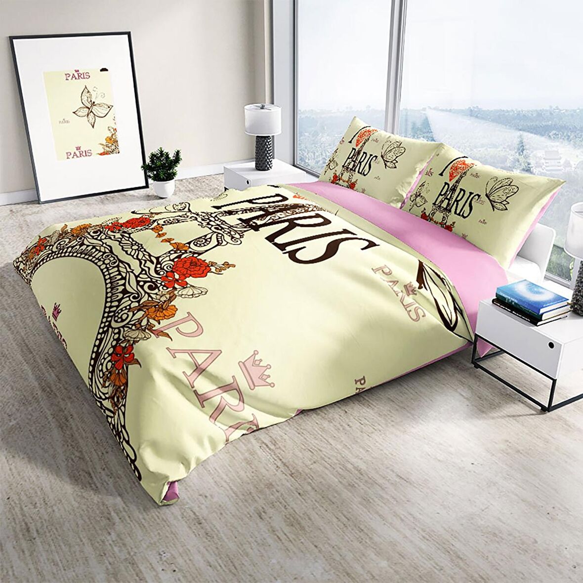 Cattleya Paris 3D Temalı Pamuk Saten Çift Kişilik Nevresim Takımı