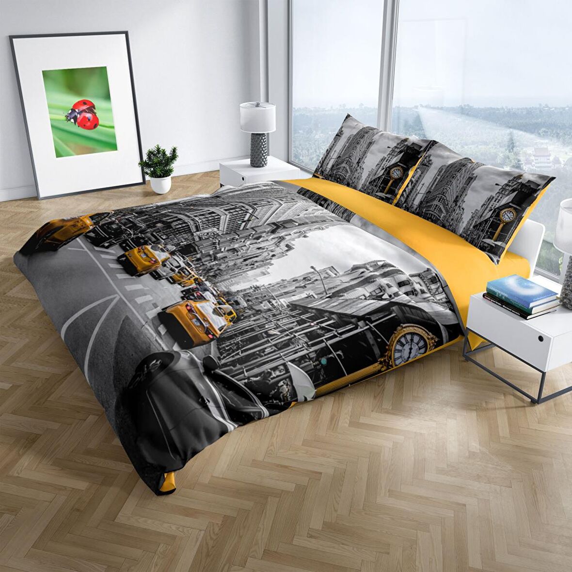 Cattleya Taxi 3D Temalı Pamuk Saten Çift Kişilik Nevresim Takımı