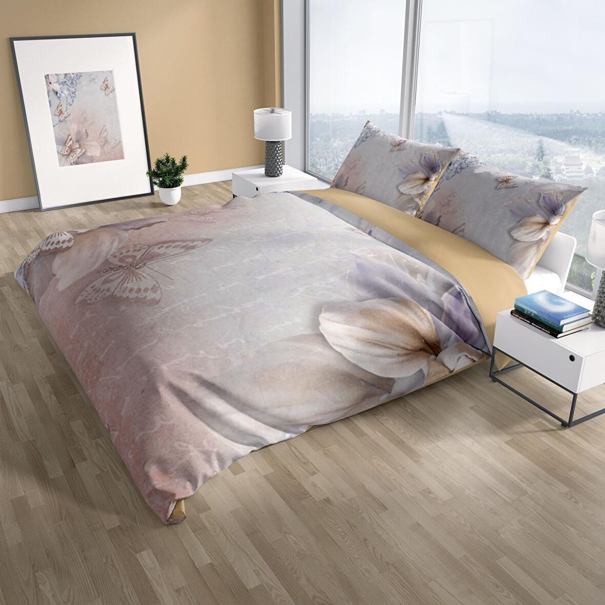 Cattleya Mariposa 3D Temalı Pamuk Saten Çift Kişilik Nevresim Takımı