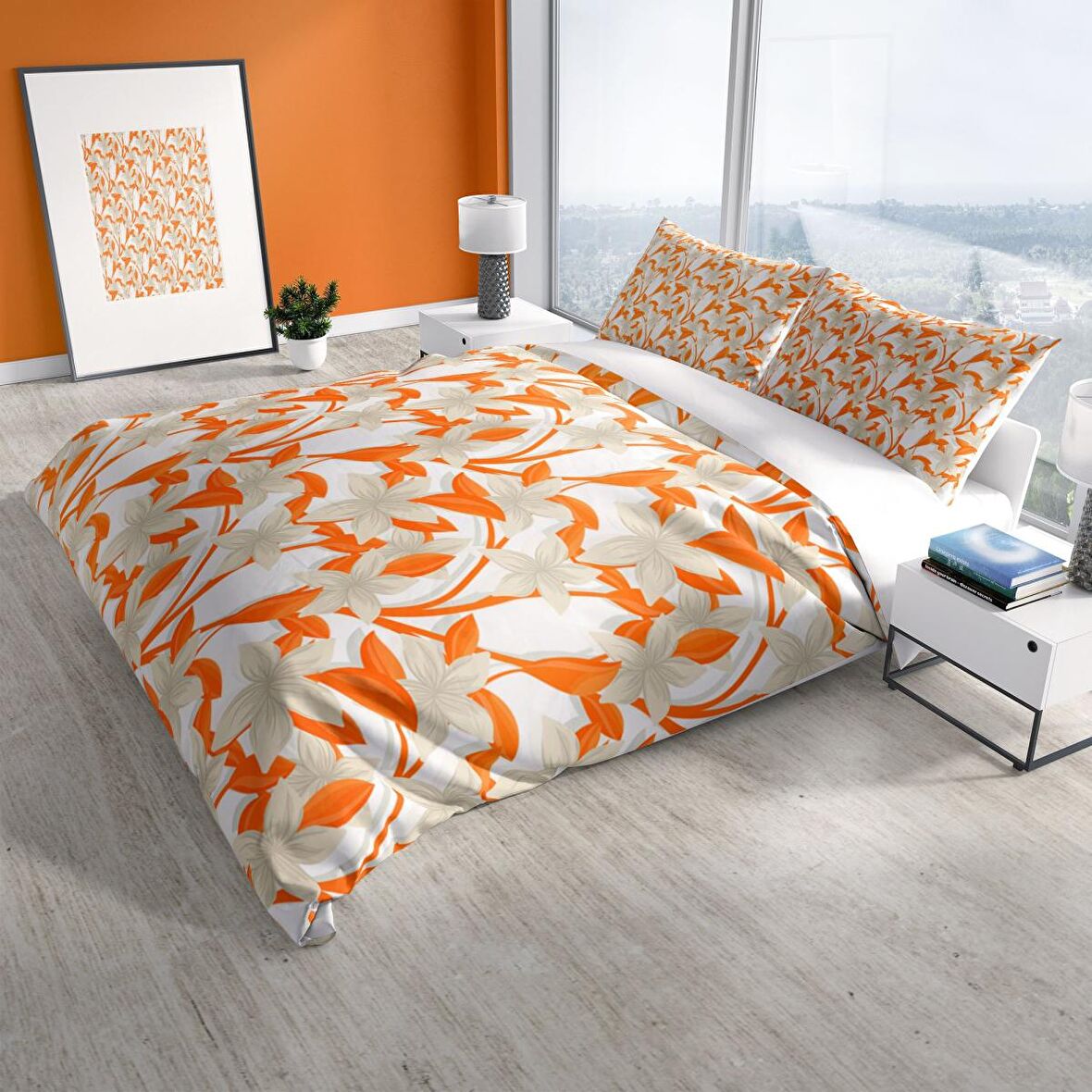 Cattleya Orange 3D Temalı Pamuk Saten Çift Kişilik Nevresim Takımı