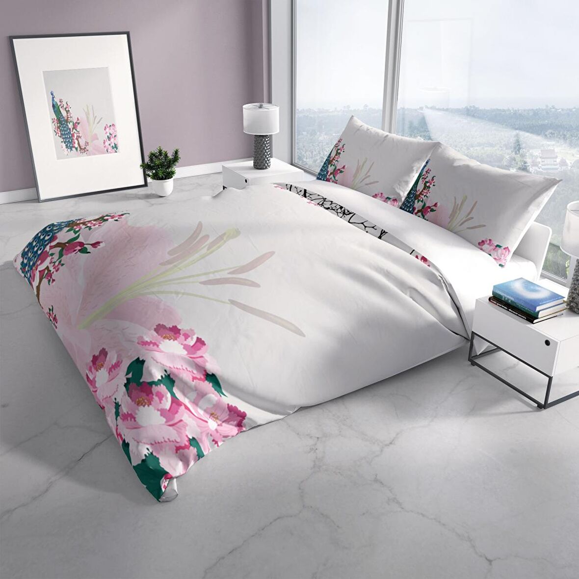Cattleya Peacock 3D Temalı Pamuk Saten Çift Kişilik Nevresim Takımı