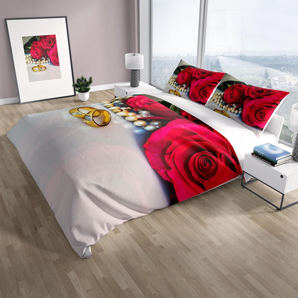 Cattleya Rosering 3D Temalı Pamuk Saten Çift Kişilik Nevresim Takımı