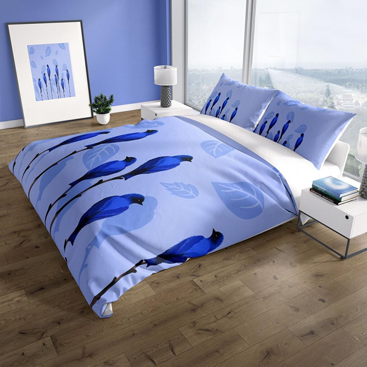 Cattleya BlueBird 3D Temalı Pamuk Saten Çift Kişilik Nevresim Takımı