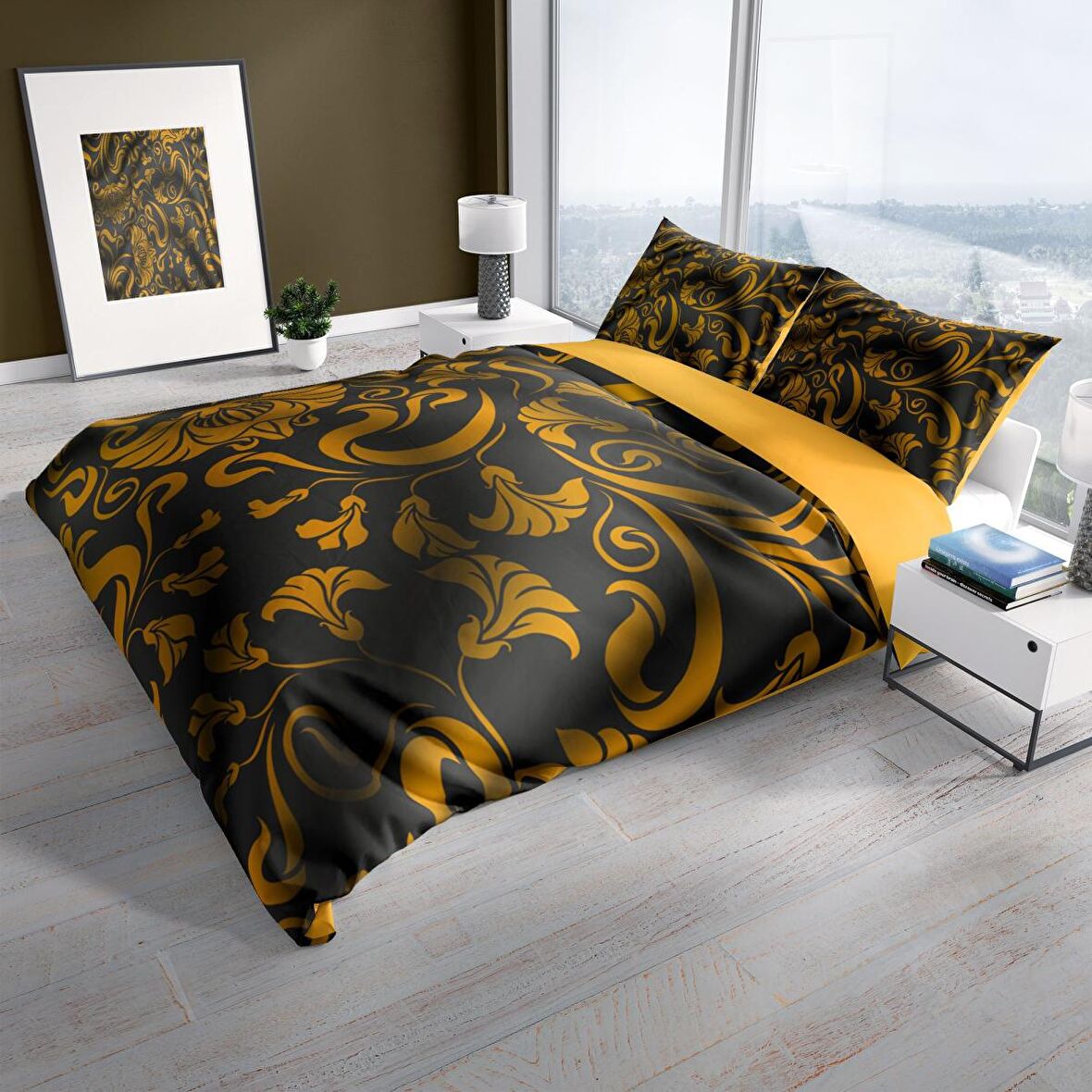 Cattleya Gold 3D Temalı Pamuk Saten Çift Kişilik Nevresim Takımı