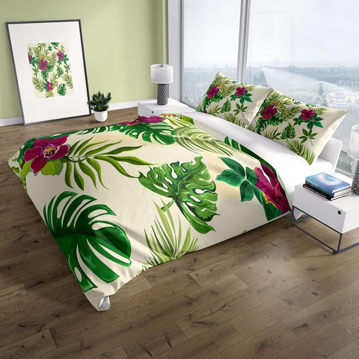 Cattleya Green 3D Temalı Pamuk Saten Çift Kişilik Nevresim Takımı