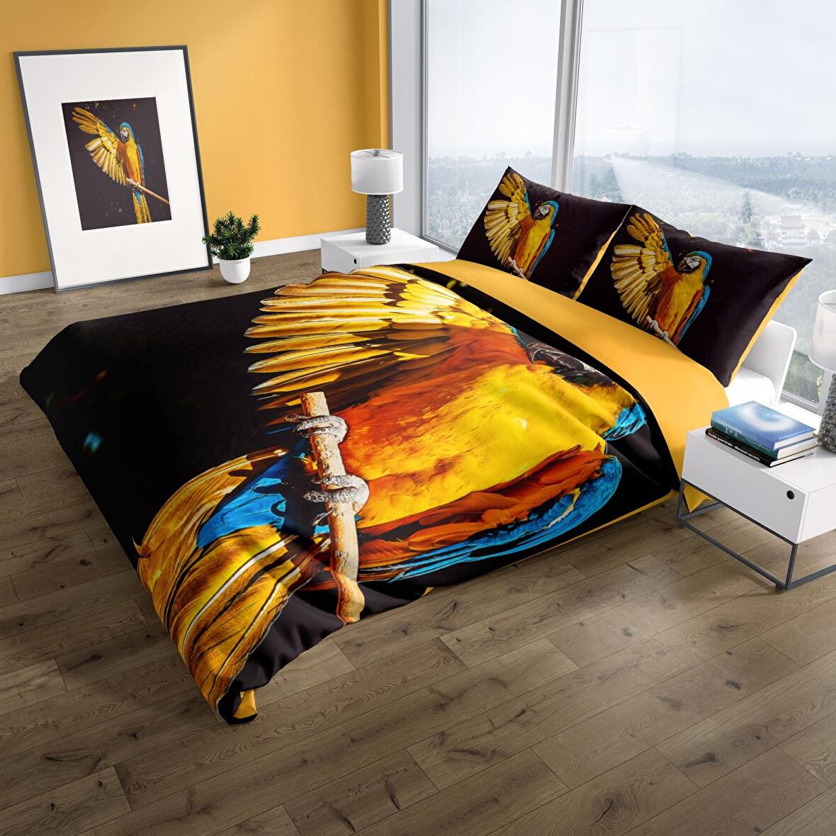 Cattleya Parrot 3D Temalı Pamuk Saten Çift Kişilik Nevresim Takımı