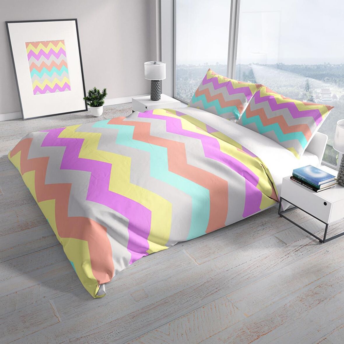 Cattleya Wave 3D Temalı Pamuk Saten Çift Kişilik Nevresim Takımı