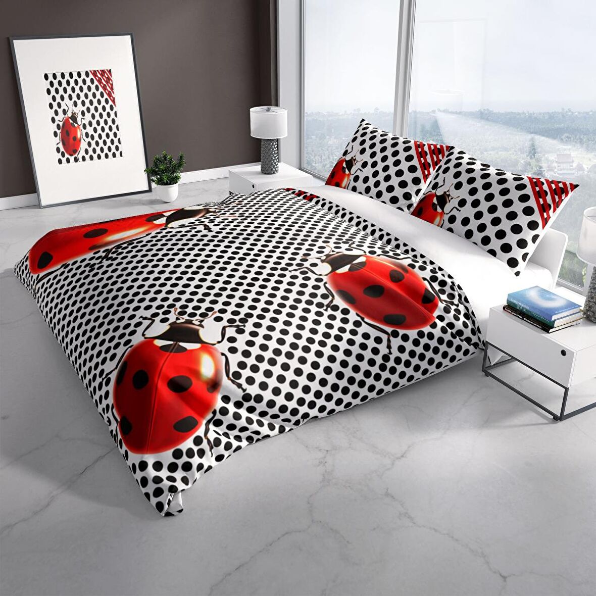 Monohome Perlasera Ladybug 3D Temalı Pamuk Saten Çift Kişilik Nevresim Takımı
