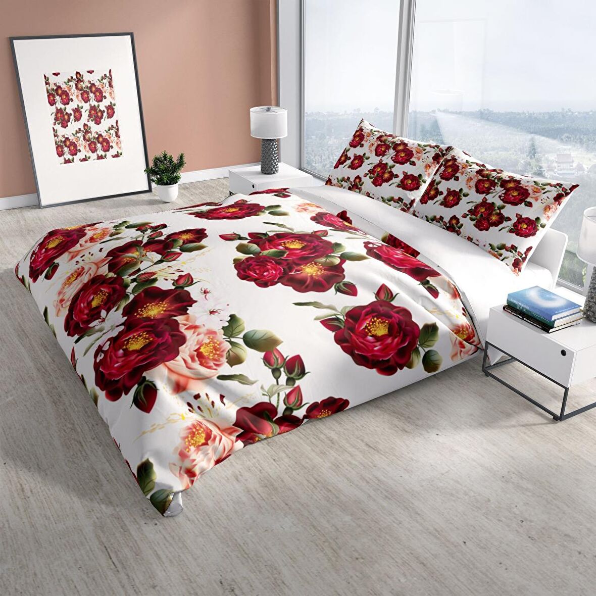 Monohome Perlasera Red Rose 3D Temalı Pamuk Saten Çift Kişilik Nevresim Takımı