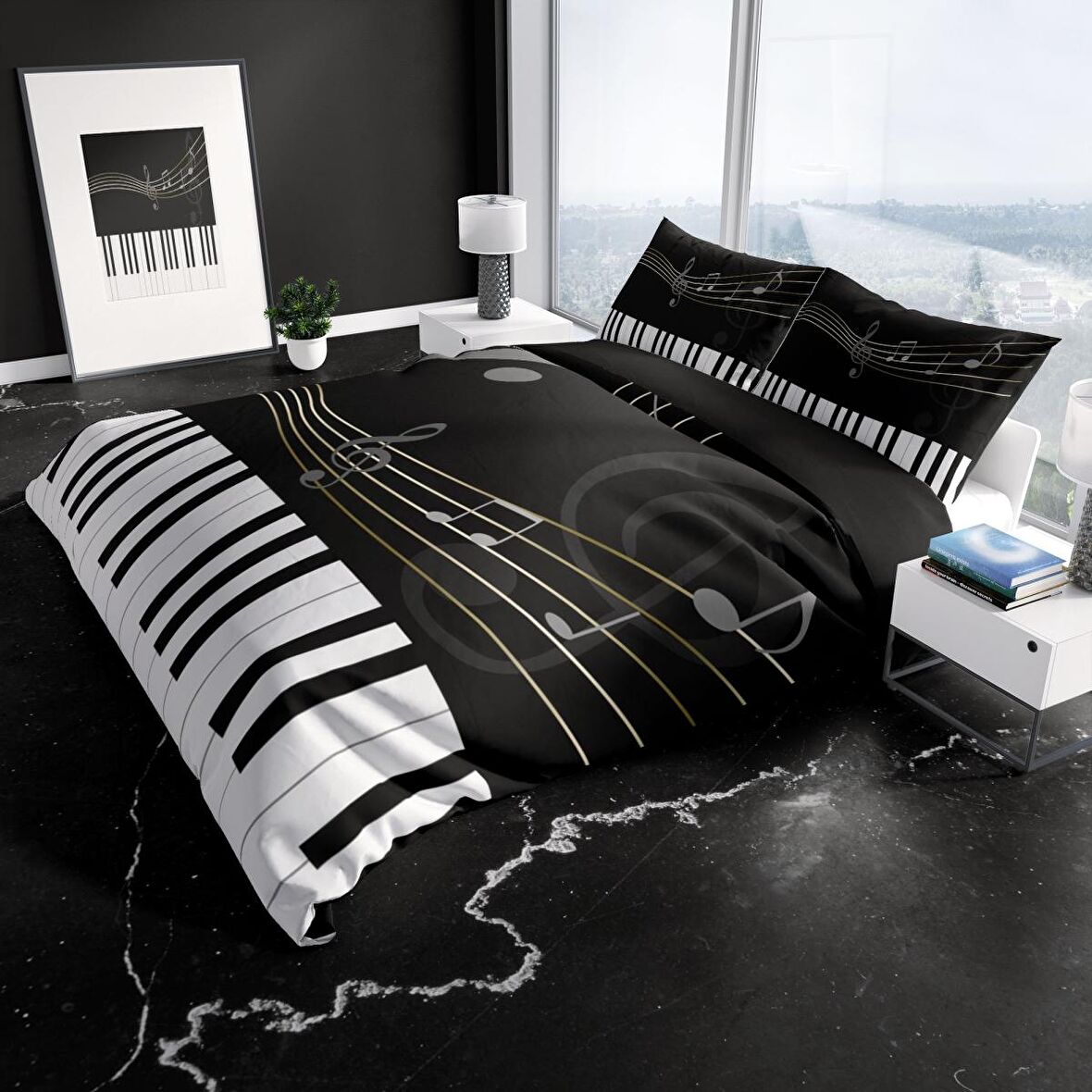 Monohome Perlasera Piano 3D Temalı Pamuk Saten Çift Kişilik Nevresim Takımı