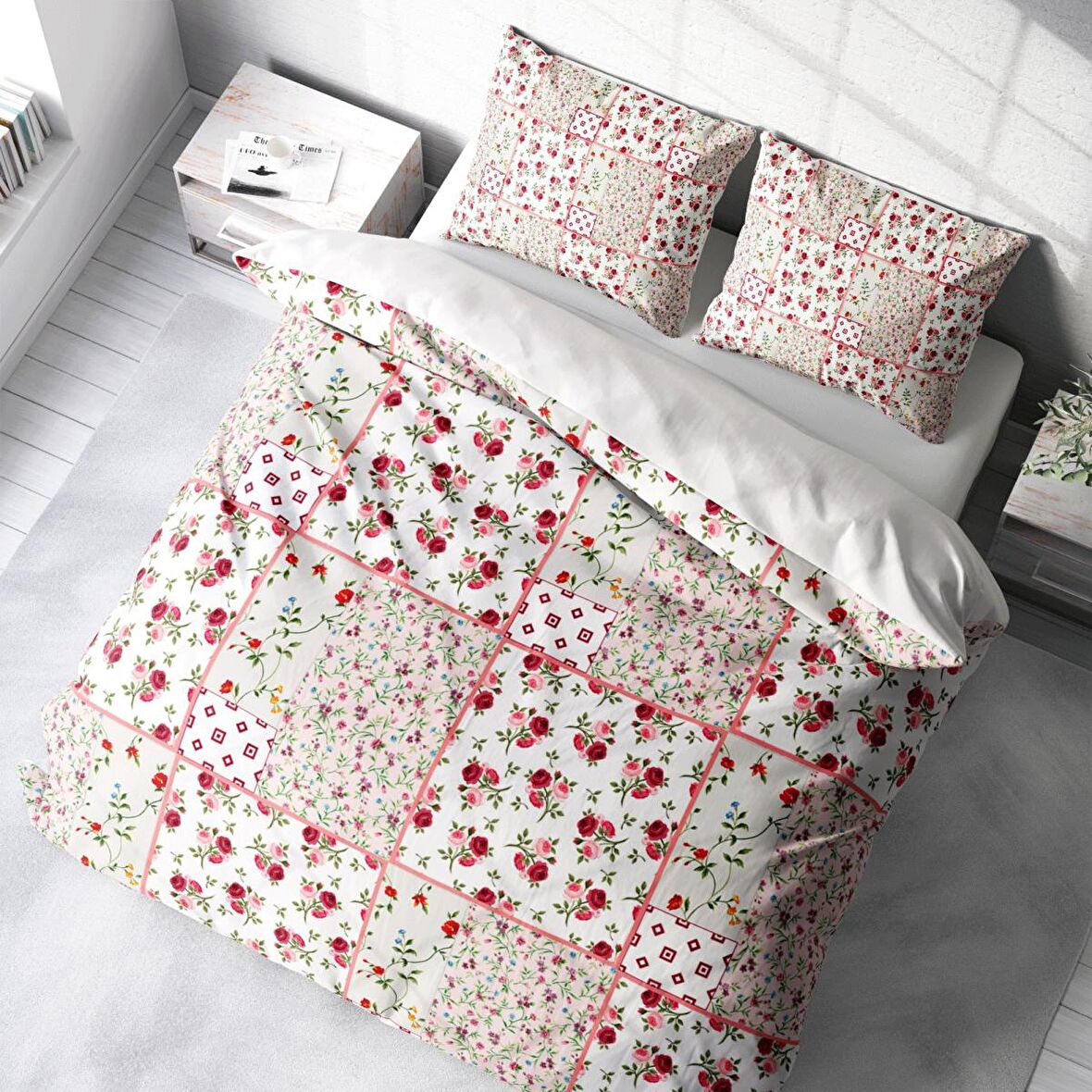 Monohome Rose Branch Çiçekli Pamuk Saten Çift Kişilik Nevresim Takımı
