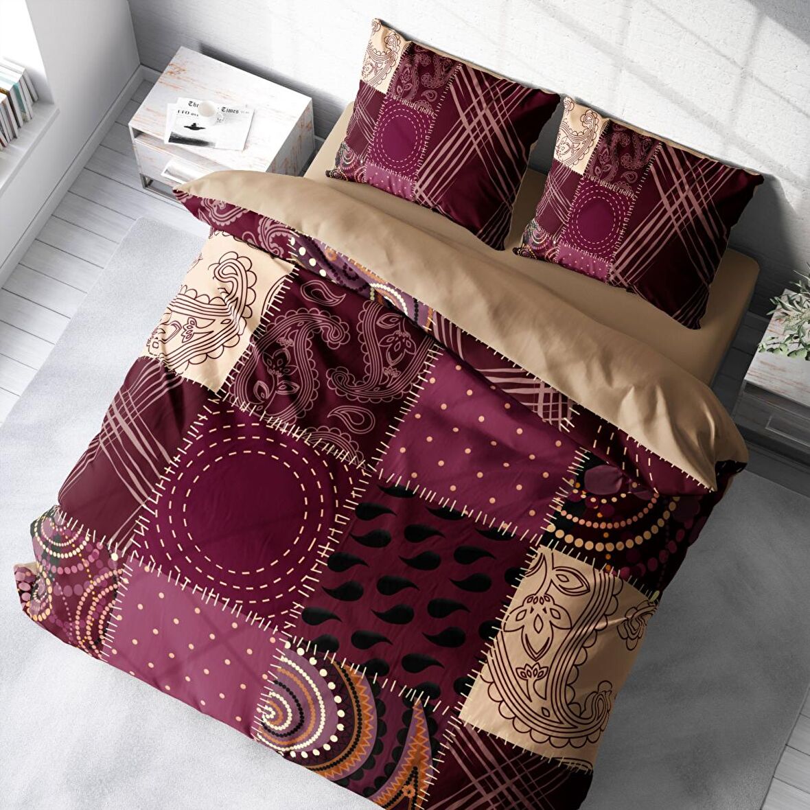 Monohome Patchwork 3D Temalı Pamuk Saten Çift Kişilik Nevresim Takımı