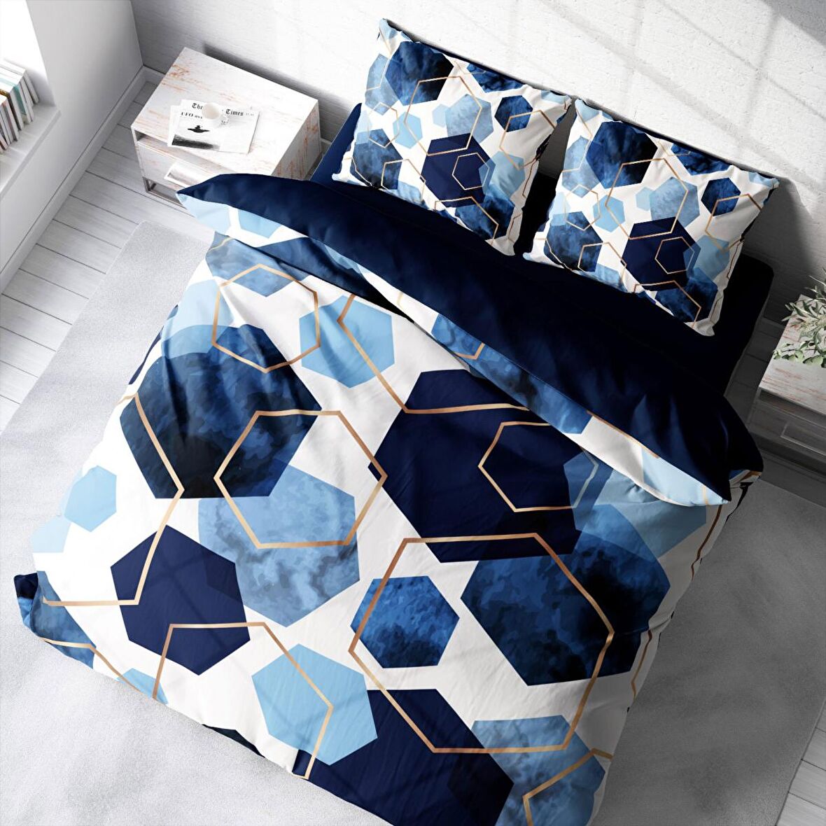 Monohome Blue Hexagon 3D Temalı Pamuk Saten Çift Kişilik Nevresim Takımı