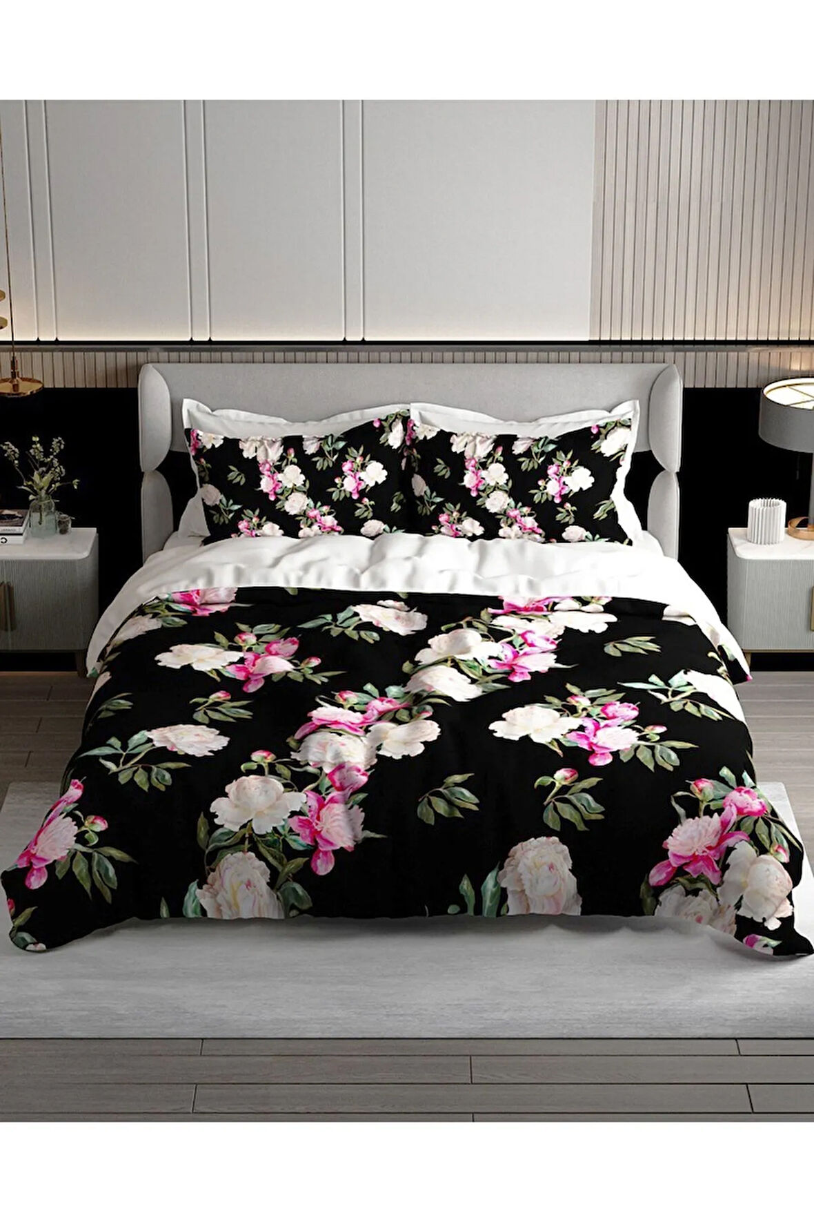 Nevresim Takımı %100 Doğal Pamuk Çift Kişilik 3d Digital Black Flower