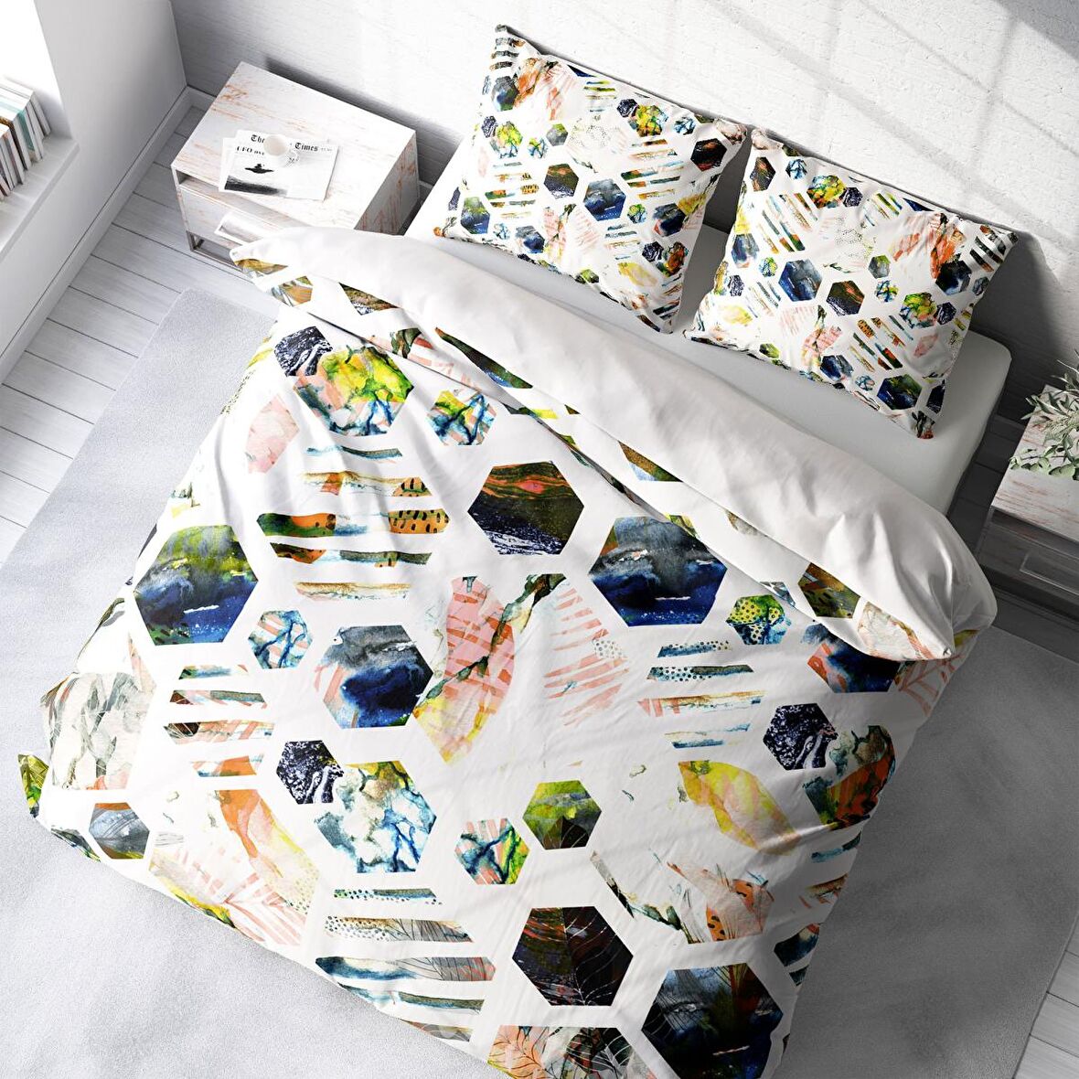 Monohome Renkli Hexagon 3D Temalı Pamuk Saten Çift Kişilik Nevresim Takımı