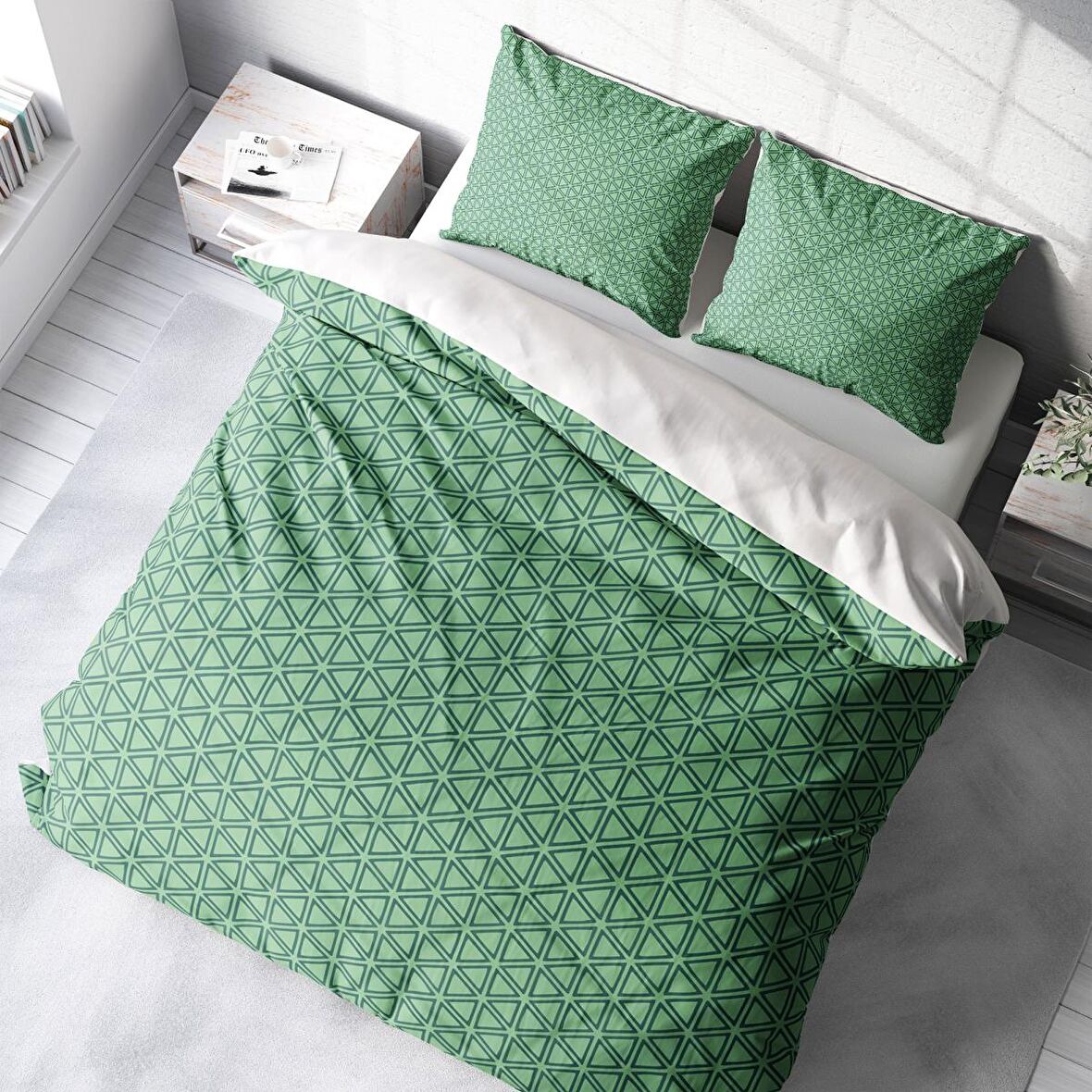 Monohome Green Pattern 3D Temalı Pamuk Saten Çift Kişilik Nevresim Takımı