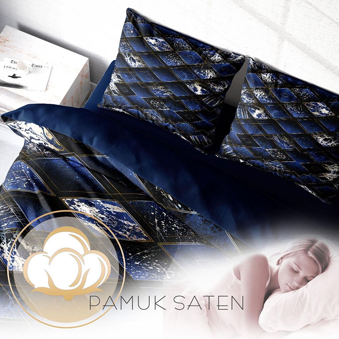 Monohome Blue Suite 3D Temalı Pamuk Saten Çift Kişilik Nevresim Takımı