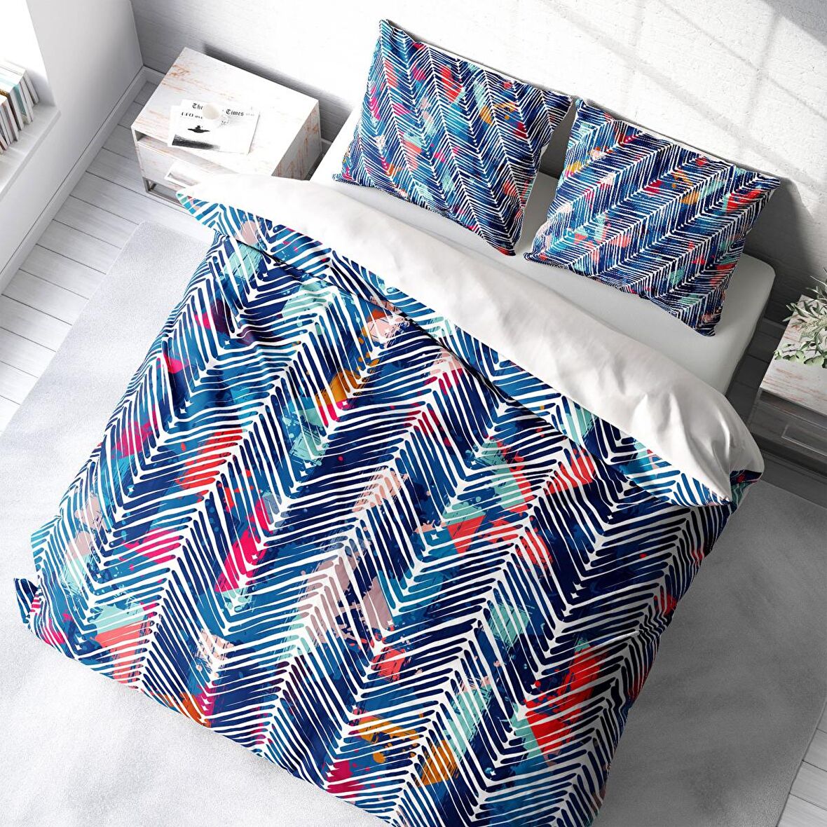 Monohome Blue Pattern 3D Temalı Pamuk Saten Çift Kişilik Nevresim Takımı