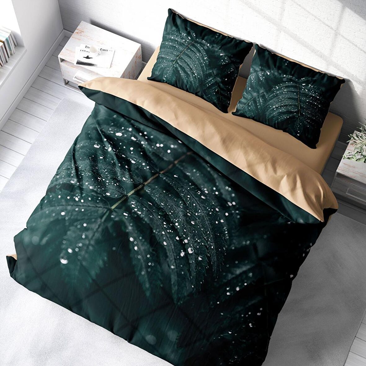 Monohome Drop Leave Yapraklı Pamuk Saten Çift Kişilik Nevresim Takımı