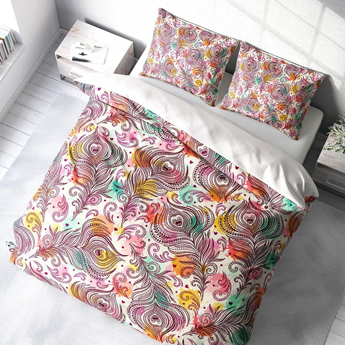 Monohome Peacock Feathers Kuş Tüylü Pamuk Saten Çift Kişilik Nevresim Takımı