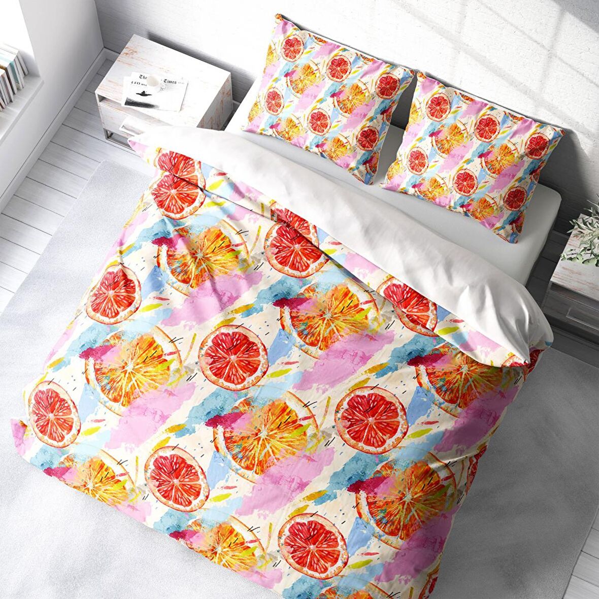 Monohome Orange Fruit Meyveli Pamuk Saten Çift Kişilik Nevresim Takımı